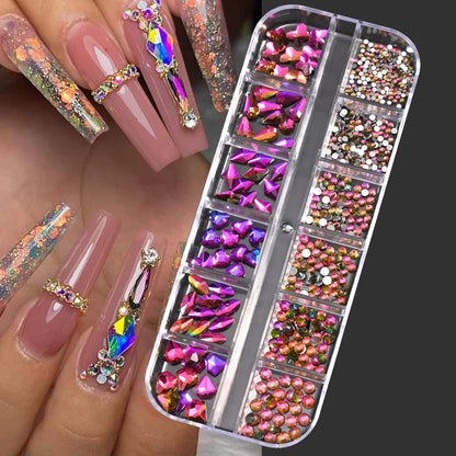 12Grids Mixed-Shape Crystal Nail Art Rhinestones Pink/Red Flatback Nail Gems Luxury Diamond Glass Stones Manicure Decoration