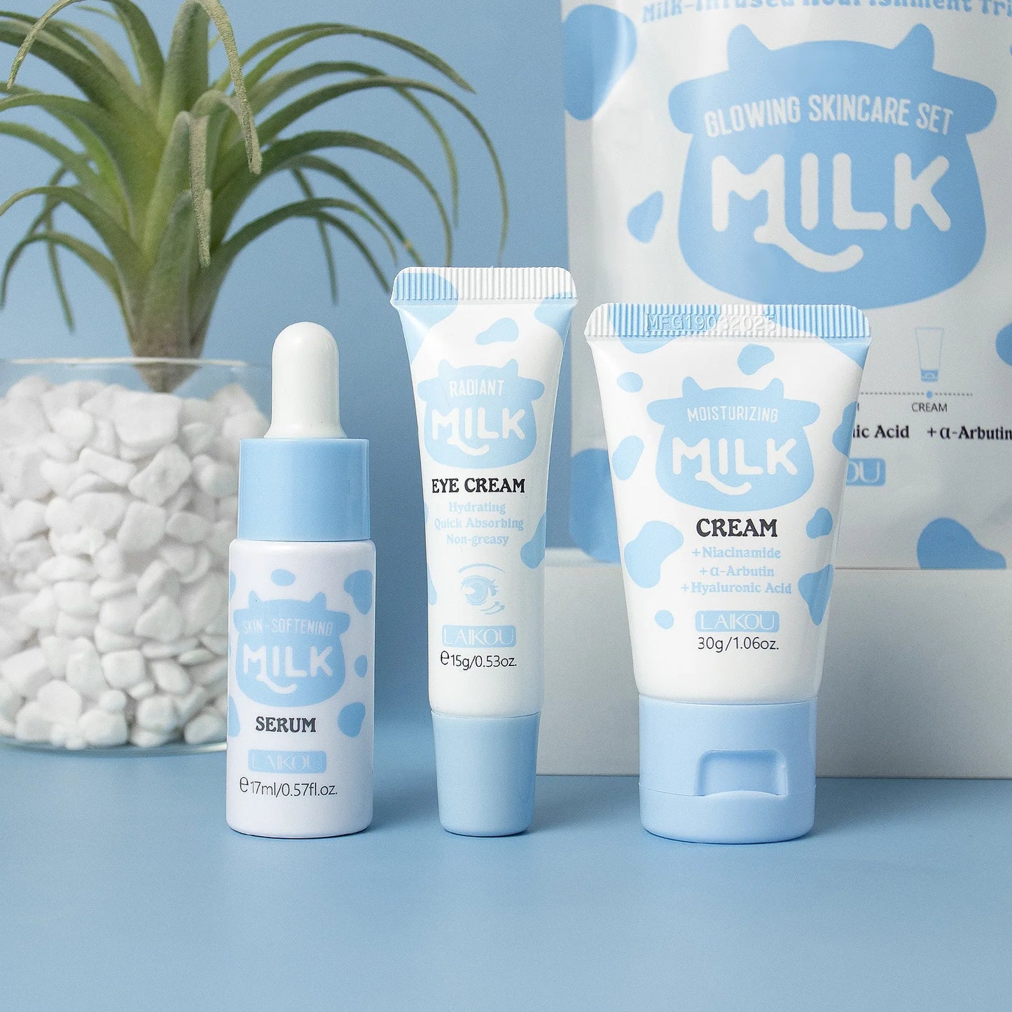 Deep Hydration Milk Skincare Set Softening Serum Gentle Eye Cream Radiant Moisturizing Glowing Trio