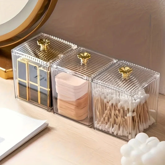 1/3pcs Clear Acrylic Makeup Organizer - Golden Handles Dustproof, Compact Desktop Vanity Box for Jewelry/Toothpicks/Beauty Tools