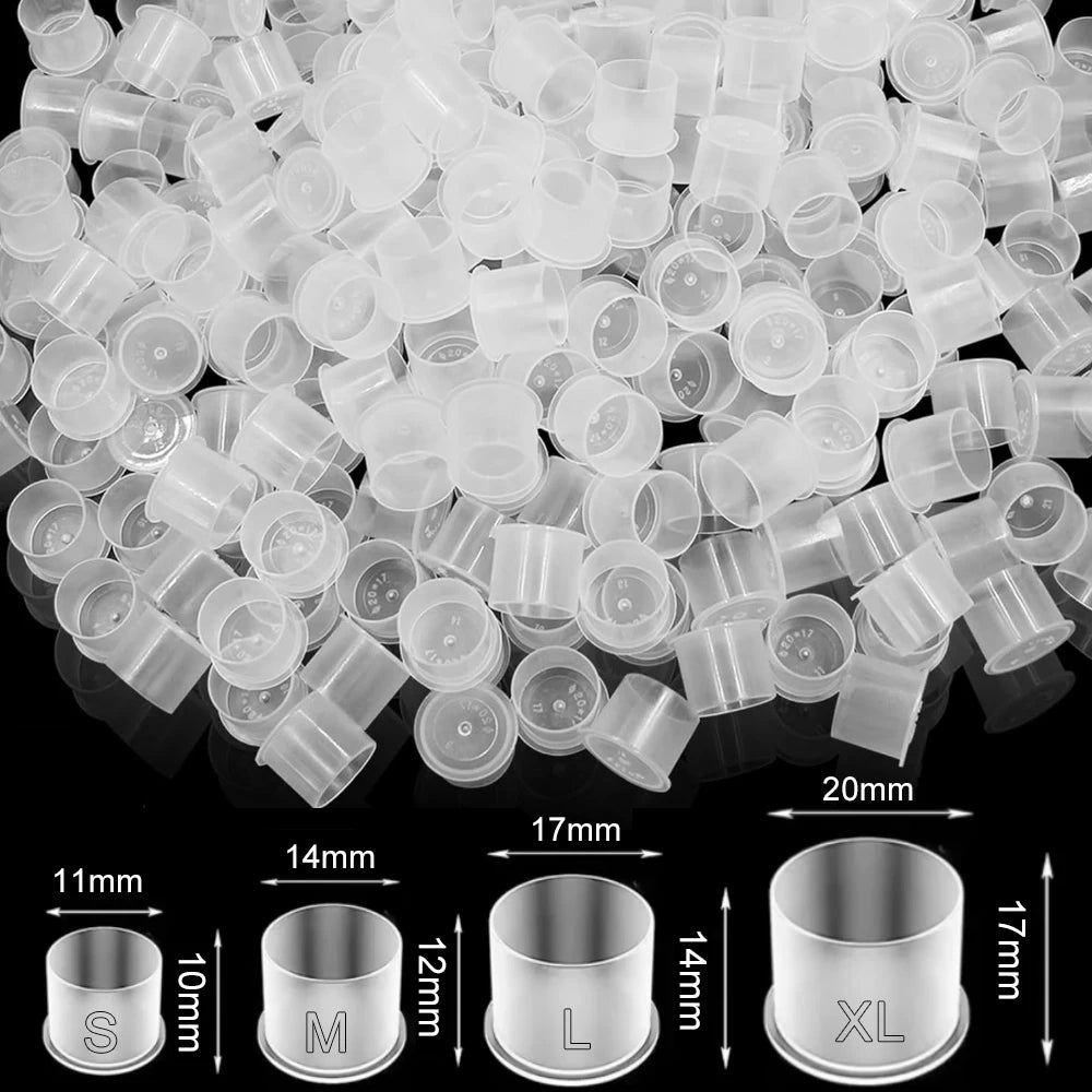 100Pcs Disposable Tattoo Ink Cups with Base - 4 Sizes Clear Plastic Pigment Caps for Tattoo Supplies PMU