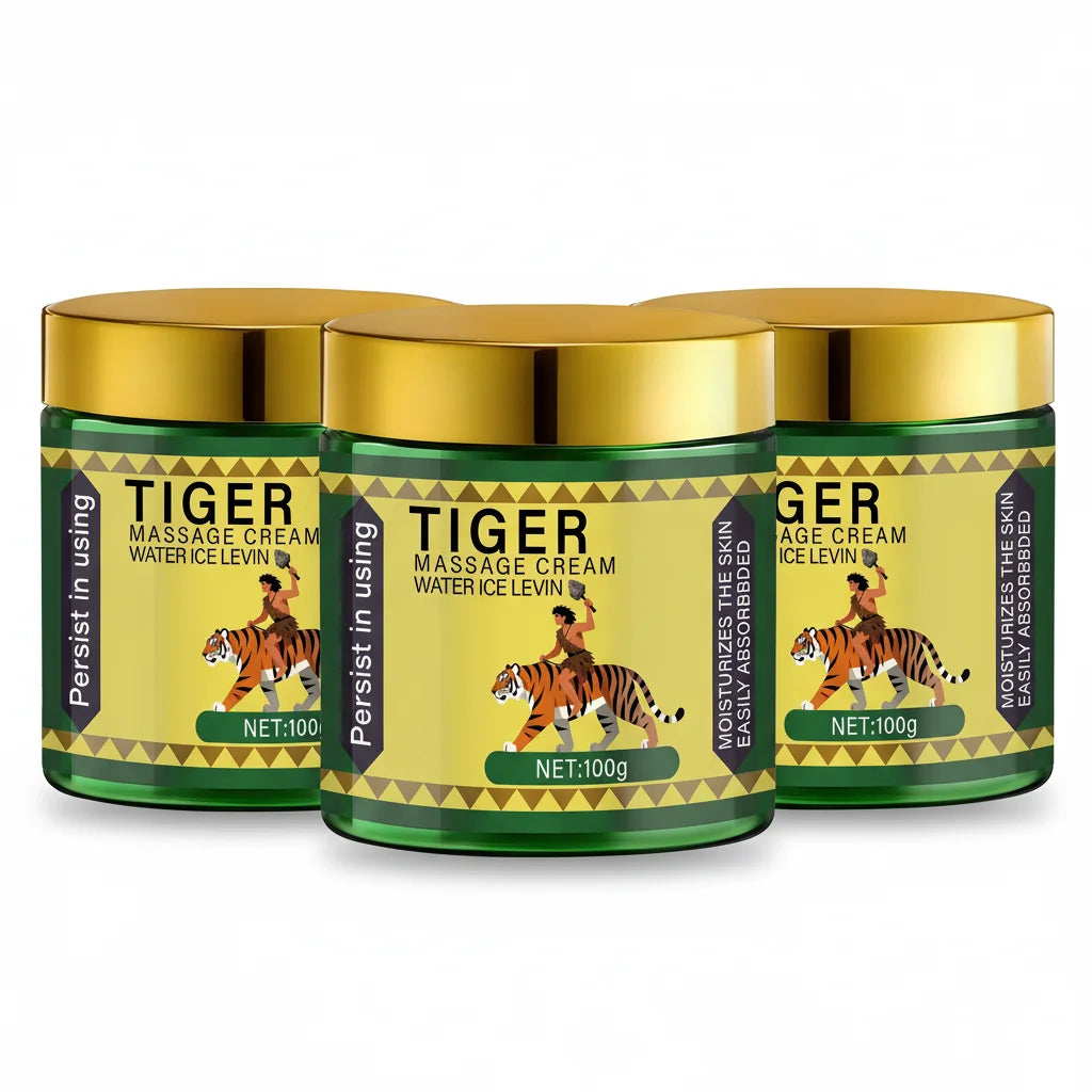 Tiger Massage Cream Moisturizes the Skin; Easily Absorbed. Persistent Soothing; Deeply Nourishing. Water Ice Levin. Net 100g.