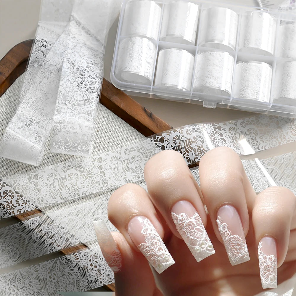 10 Rolls 2.5*50cm Black White Lace Nail Transfer Foil Lace Flower Nail Art Sexy Full Wraps Floral Transfer Paper Nail Decoration
