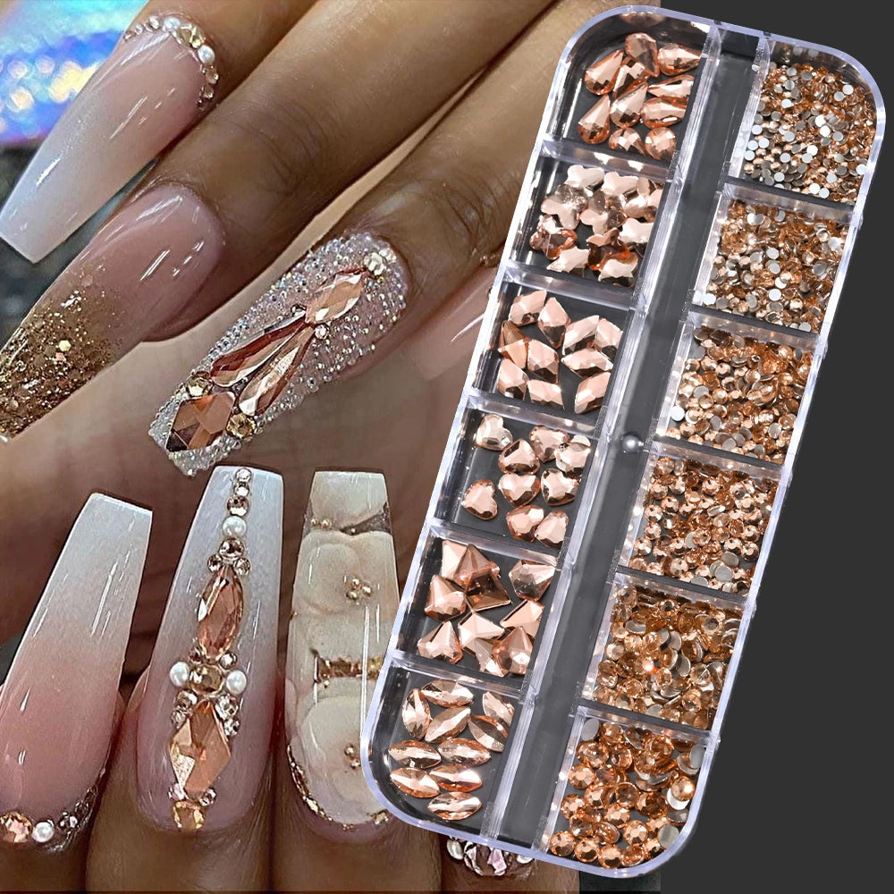 12Grids Mixed-Shape Crystal Nail Art Rhinestones Pink/Red Flatback Nail Gems Luxury Diamond Glass Stones Manicure Decoration