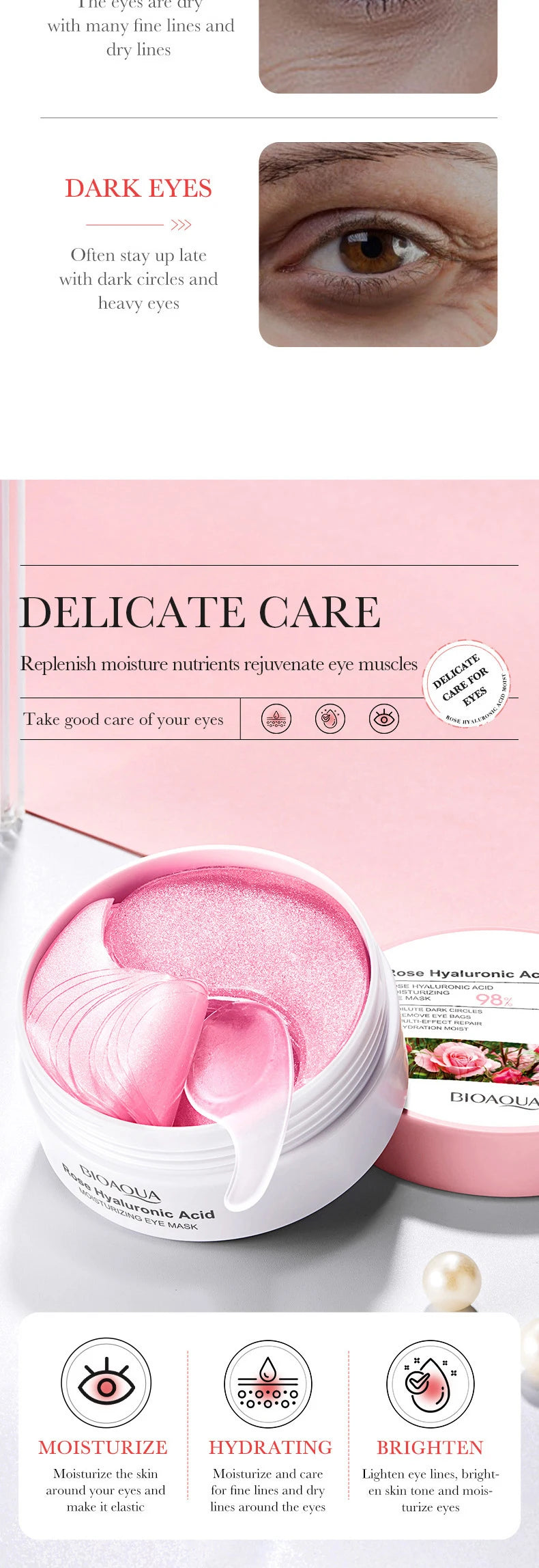 60pcs BIOAQUA Rose Hyaluronic Acid Eye Mask Anti Dark Circles Eye Bags Moisturizing Anti-Aging Eye Patches Skin Care Products