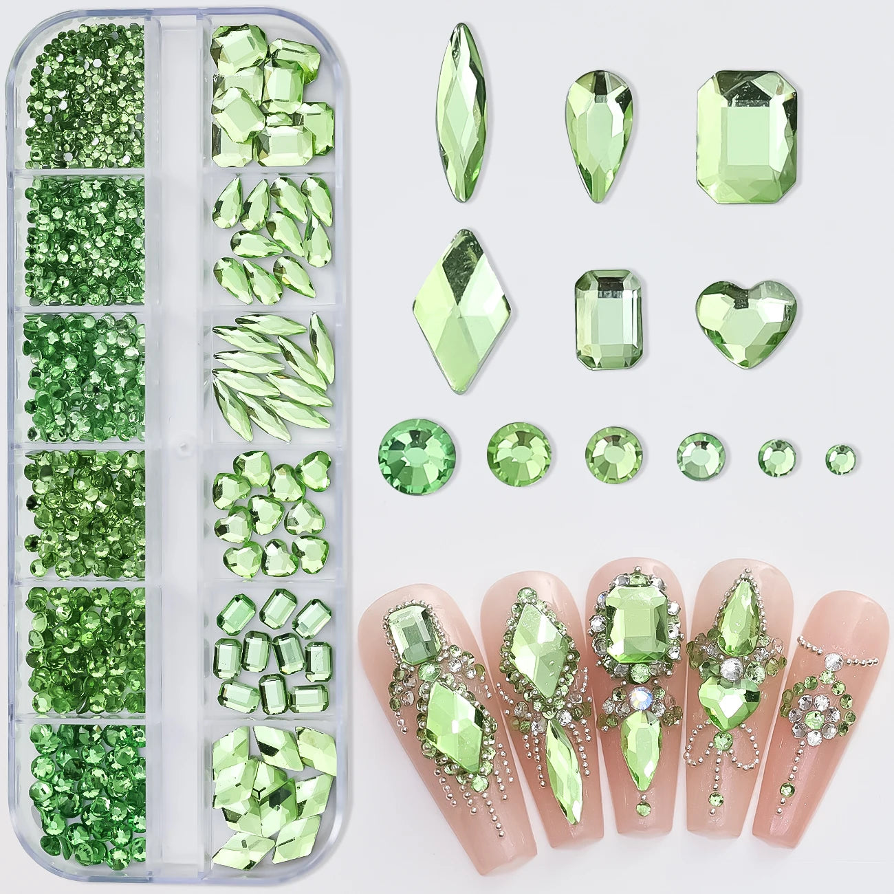 12Grids Mixed-Shape Crystal Nail Art Rhinestones Pink/Red Flatback Nail Gems Luxury Diamond Glass Stones Manicure Decoration
