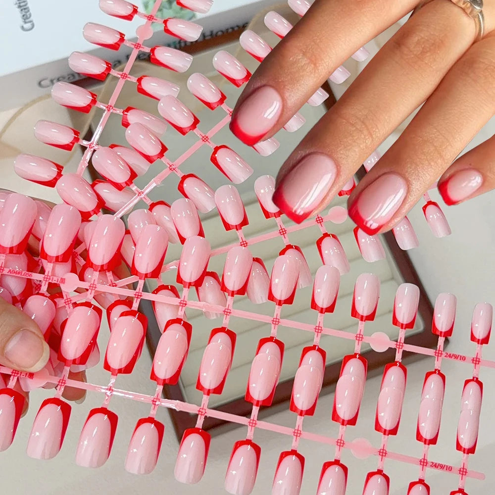120Pcs Short Square Red French Valentine's Day Fake Nails Nude Pink Glossy Acrylic False Nails Simple Wearable Press on NailTips
