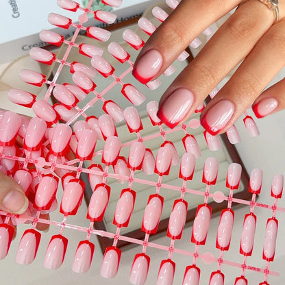 120Pcs Short Square Red French Valentine's Day Fake Nails Nude Pink Glossy Acrylic False Nails Simple Wearable Press on NailTips
