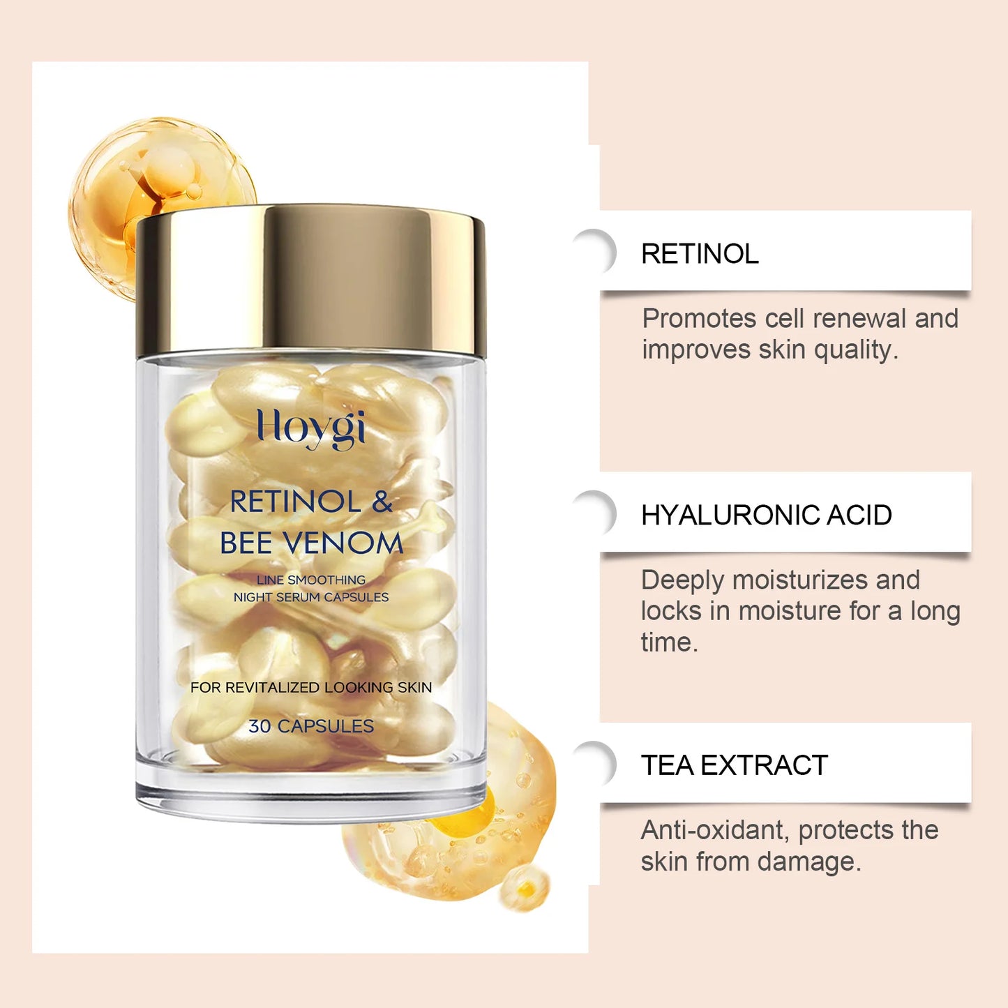 Hoygi Retinol Bee Venom Facial Capsules Gently Moisturize Facial Skin, Tighten and Improve Skin Quality, Moisturizing Capsules