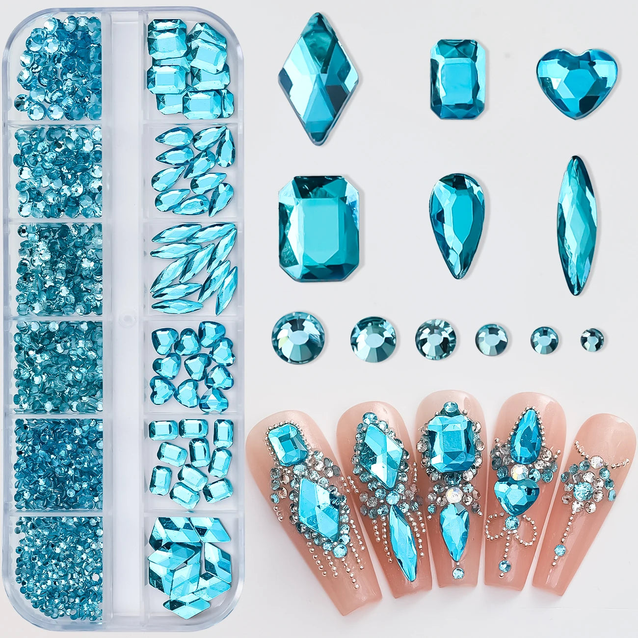 12Grids Mixed-Shape Crystal Nail Art Rhinestones Pink/Red Flatback Nail Gems Luxury Diamond Glass Stones Manicure Decoration
