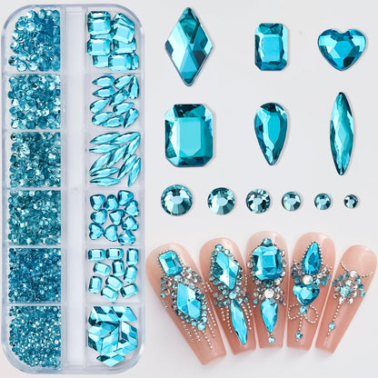 12Grids Mixed-Shape Crystal Nail Art Rhinestones Pink/Red Flatback Nail Gems Luxury Diamond Glass Stones Manicure Decoration