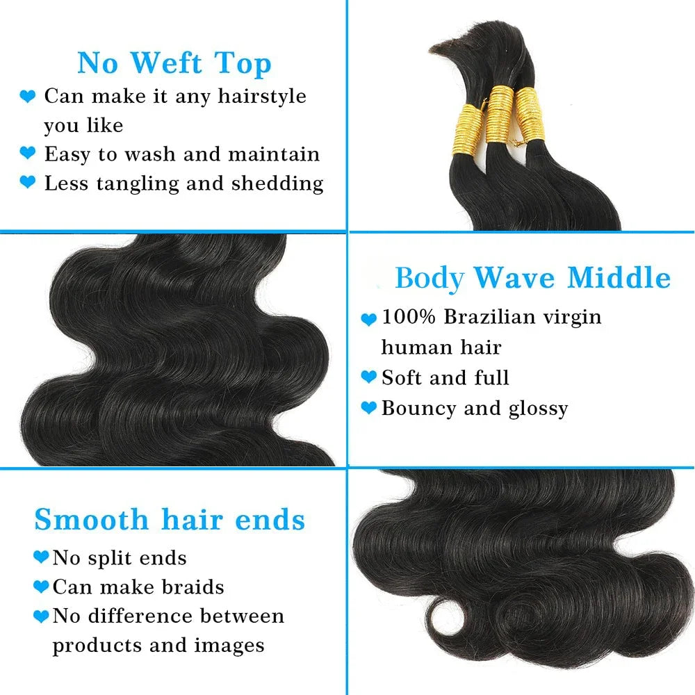 Body Wave Human Hair Bulk for Braiding Brazilian Human Hair Bulk No Weft Natural Black  12 To 26 Inch Extension Crochet Braids