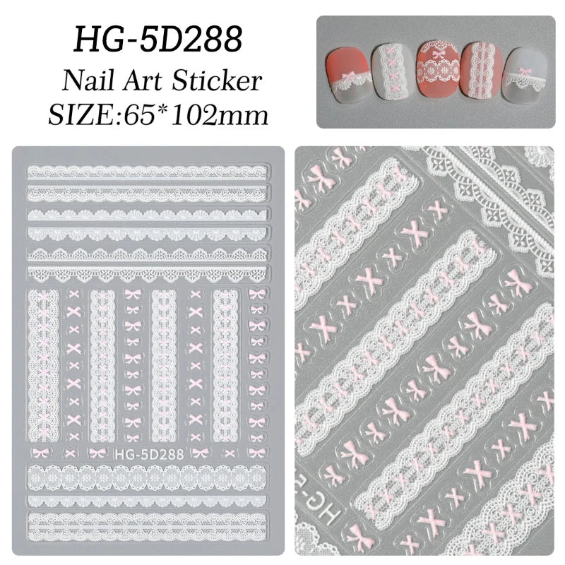 1pc Retro White Lace Bowknot Rose 5D Embossed Reliefs Heart Self Adhesive Nail Art Stickers Vintage Grid Pattern Manicure Decals