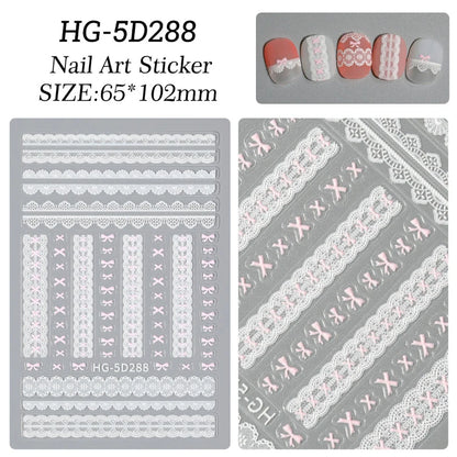 1pc Retro White Lace Bowknot Rose 5D Embossed Reliefs Heart Self Adhesive Nail Art Stickers Vintage Grid Pattern Manicure Decals