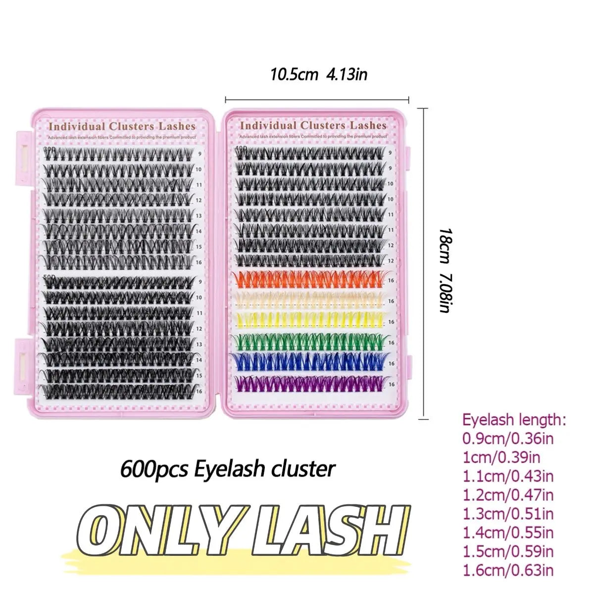 600pcs Colorful Lashes Cluster Eyelash Book Clusters Extensions, 9-16mm mix Individual Lash DIY at Home Makeup Tool