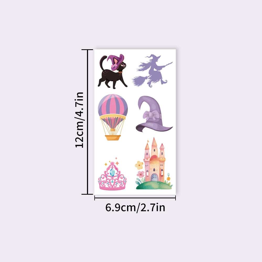 Magic witch temporary tattoo, removable funny makeup tattoo decorations, witch, magic broom, kitten, crown, magic pot.
