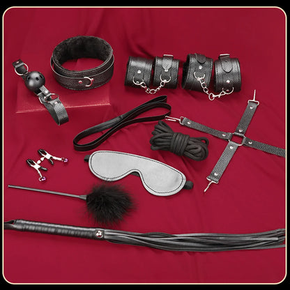 BDSM Bondage Restraint Kit 10 Pieces Drawstrings Collars Eye Masks Mouth Balls Whips Cotton Ropes Nipple Clamps Rope for Couple