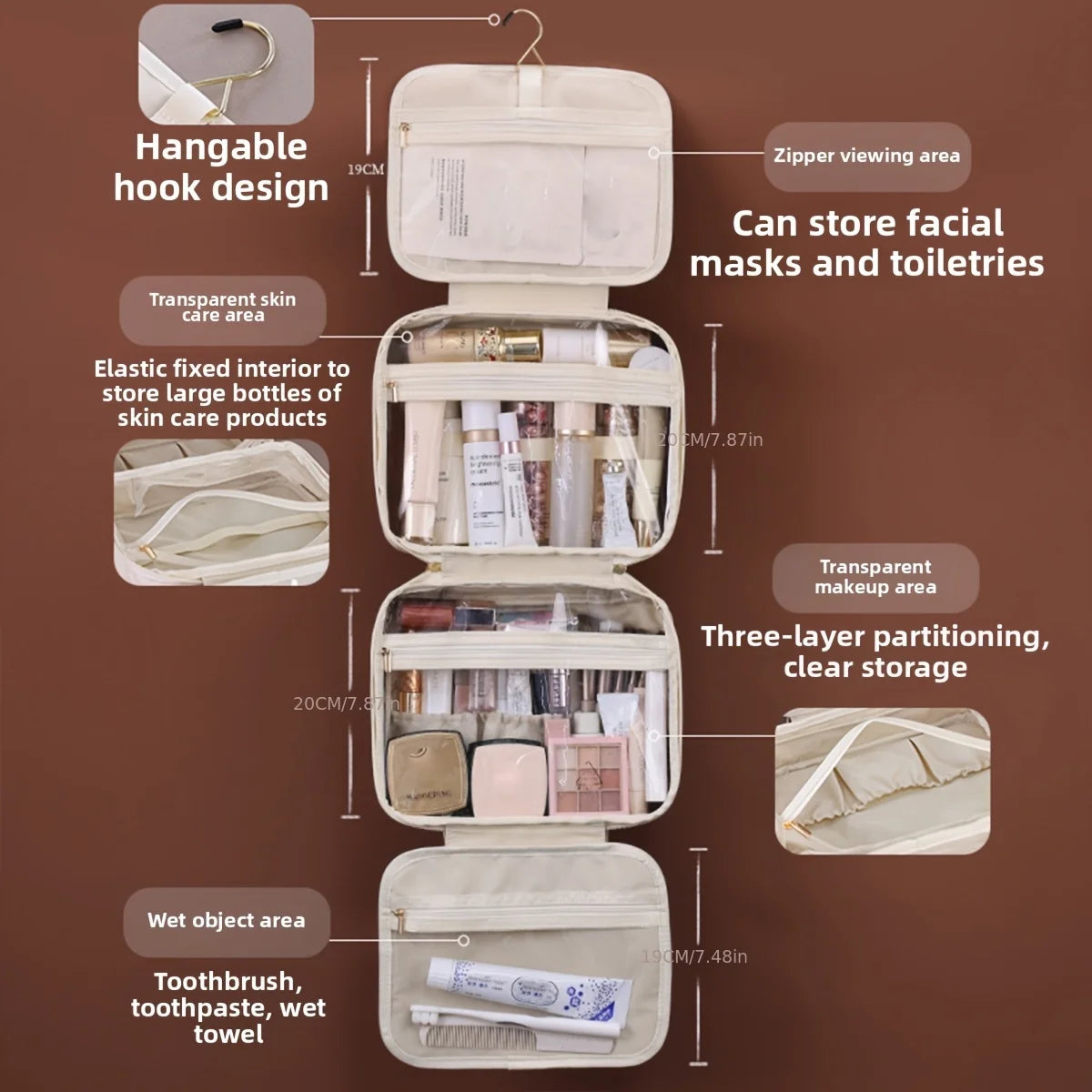 New PU Leather Hanging Cosmetic Bag For Women Portable Storage Makeup Organizer Large Capacity Travel Toiletry Storage Bags