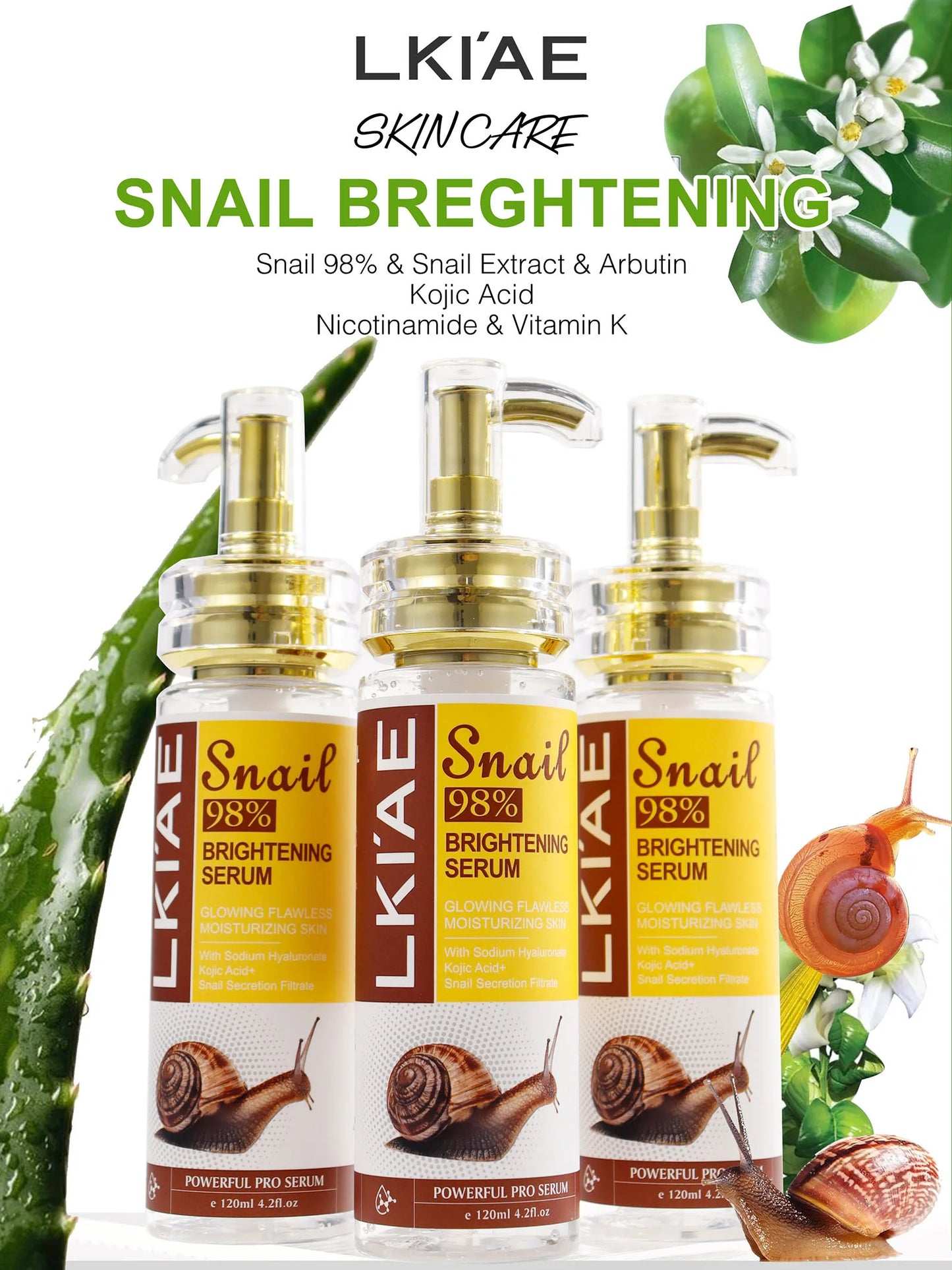 AILKE Snail Extract Whitening Serum, Moisturizing, Reduce Dark Spots, Wrinkle, Even Skin Tone, Lightening Essence for Face, Body