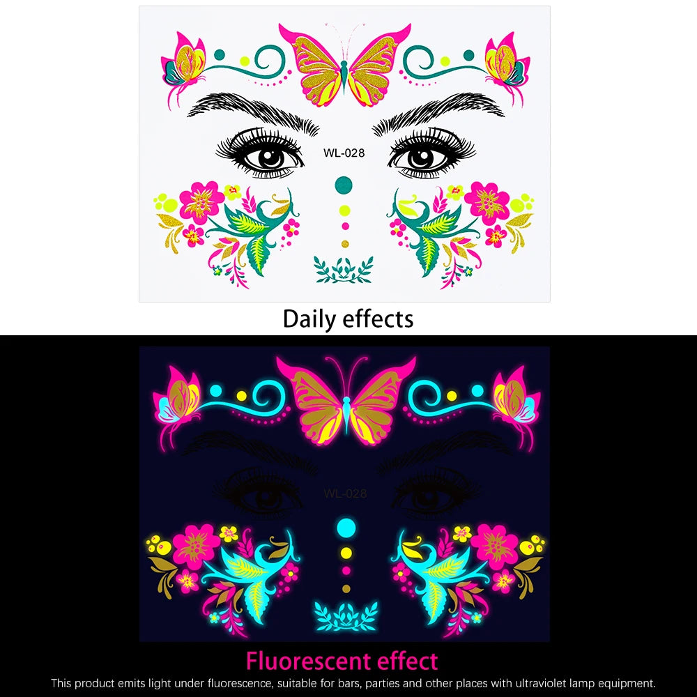 28Pcs Gold Glitter Powder Fluorescent Waterproof Face Tattoo 14x15cm Butterfly/Flowers Makeup Sticker DIY Party Neon Face Decal