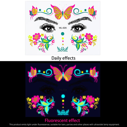 28Pcs Gold Glitter Powder Fluorescent Waterproof Face Tattoo 14x15cm Butterfly/Flowers Makeup Sticker DIY Party Neon Face Decal