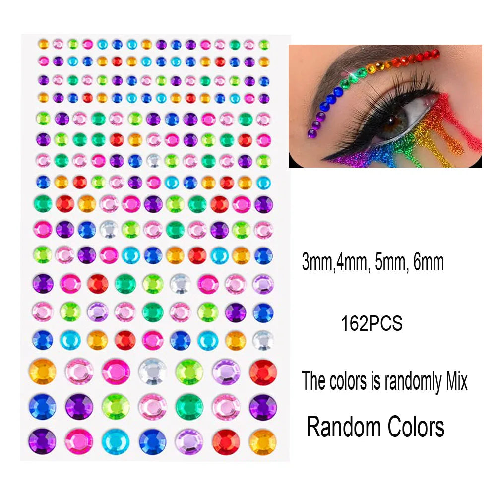 132/162/216/900pcs Coorful Diamonds Tattoos Stickers 3/4/5/6mm Face Rhinestones Tattoo for Party Body/Eye Makeup Gem Accessories