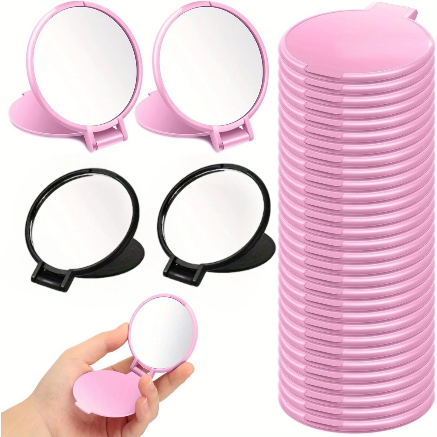 20/50pcs Pink Black Portable Mini Folding Makeup Mirrors - Women's Travel Daily Grooming Mirror, Durable Plastic Frame
