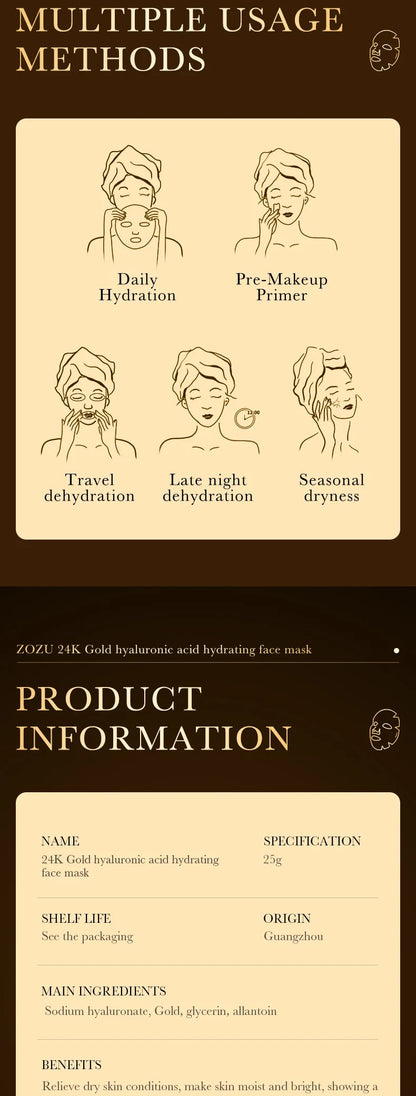 10pcs 24K Golden Hyaluronic Acid Face Mask Facial skincare Firming Moisturizing Hydrating Facial Masks Skin Care Products