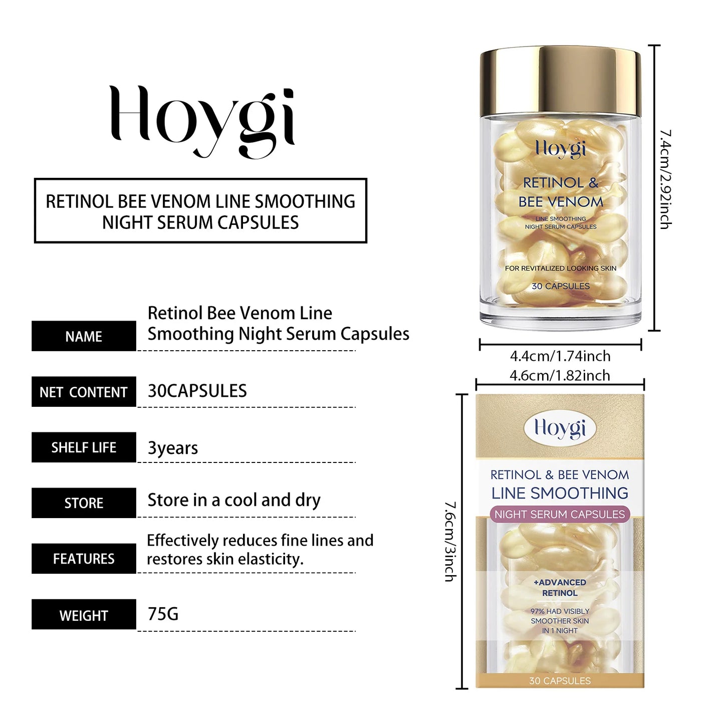 Hoygi Retinol Bee Venom Facial Capsules Gently Moisturize Facial Skin, Tighten and Improve Skin Quality, Moisturizing Capsules