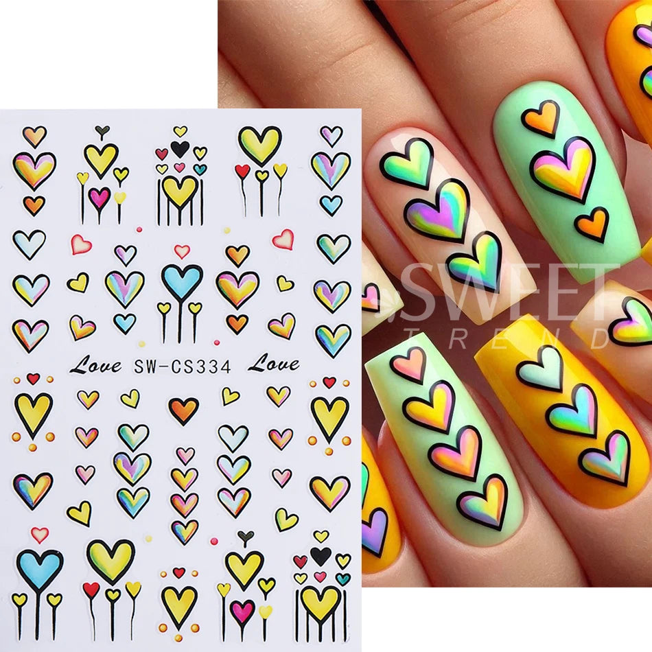 3pcs Valentine's Nail Art Stickers Red Love Heart Petals Leaf Simple Line Adhesive Nail Decals DIY Manicure Decoration Sliders