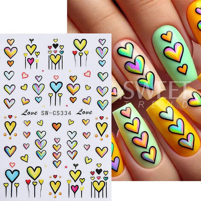 3pcs Valentine's Nail Art Stickers Red Love Heart Petals Leaf Simple Line Adhesive Nail Decals DIY Manicure Decoration Sliders