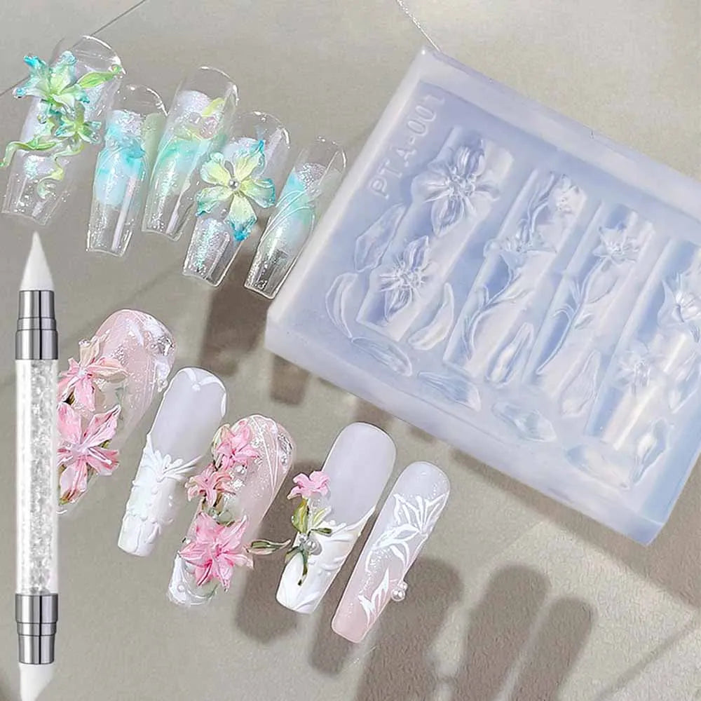 1pcs Dahlia Plumeria Flower Silicone Nail Mold With Carving Pen Spring Blossom Floral Manicure Template Nail Art Stencil Tools T