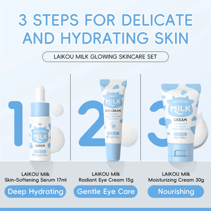 Deep Hydration Milk Skincare Set Softening Serum Gentle Eye Cream Radiant Moisturizing Glowing Trio