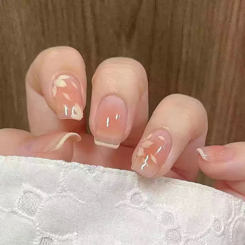 24Pcs Short Square Head False Nails White Line Rhinestone Design Full Cover Nails Tips for Woman Detachable Press on Fake Nails