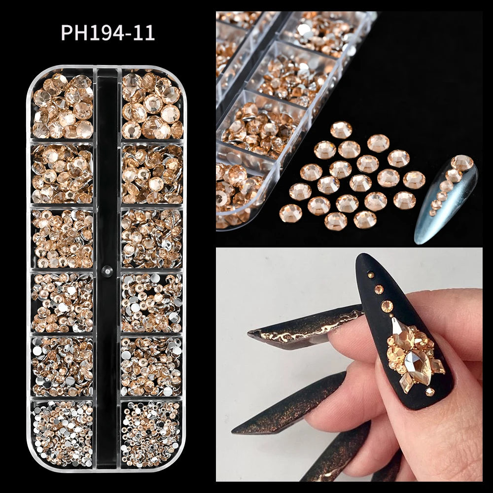 12Grids Mixed-Shape Crystal Nail Art Rhinestones Pink/Red Flatback Nail Gems Luxury Diamond Glass Stones Manicure Decoration