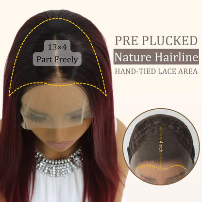 Ombre Burgundy Lace Front Wig Long Straight Ombre Wine Red 13x4 Synthetic Lace Front Wigs for Women 24Inch