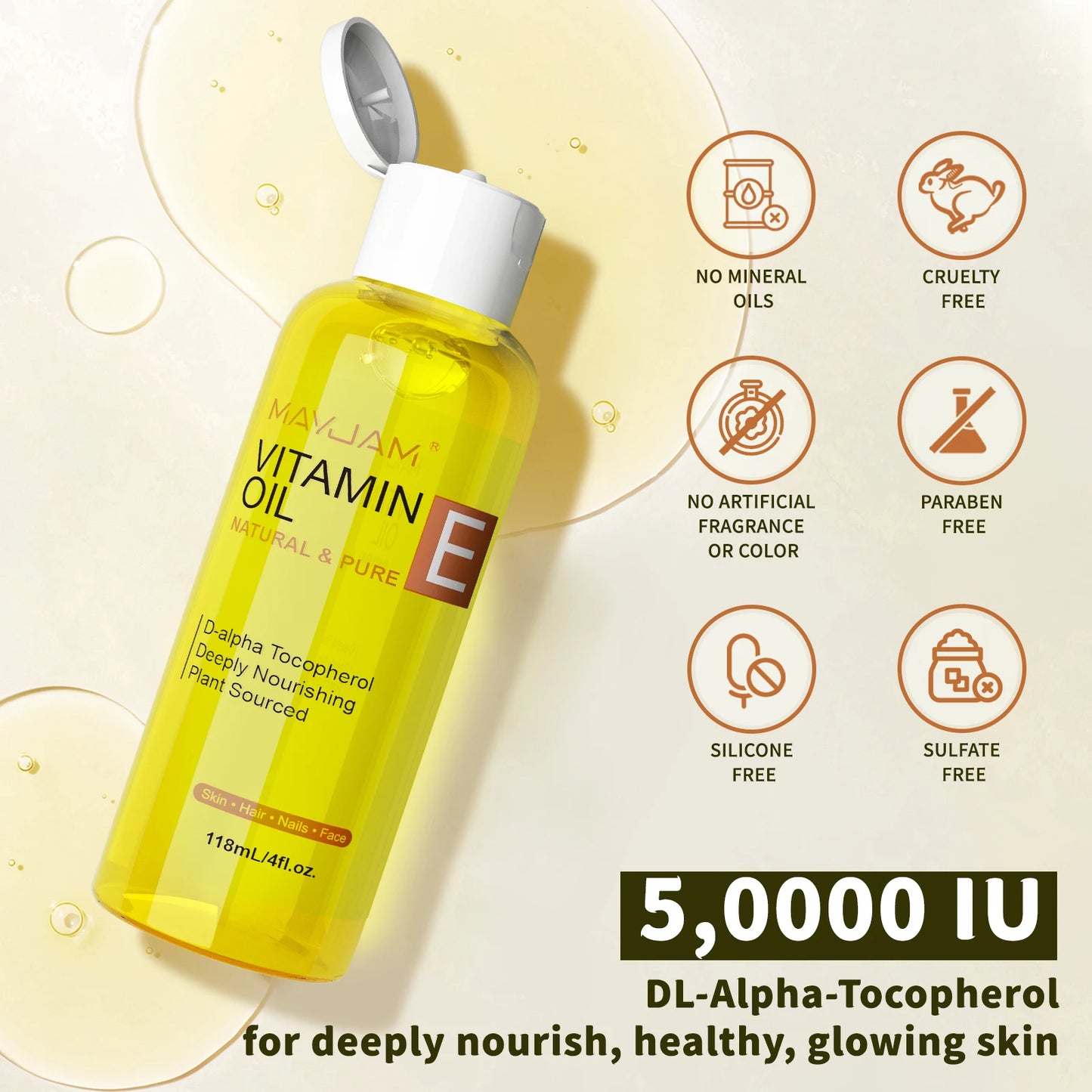 MAYJAM Vitamin E Oil for Face and Skin Nourishing Moisturizing Body Massage Spa Plant Essential Oil 118ml 236ml