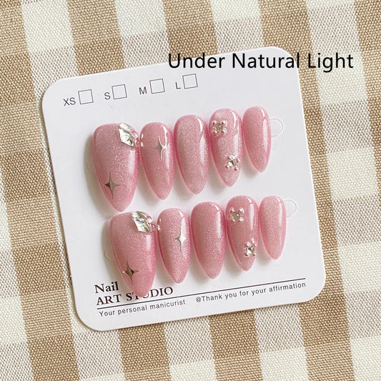 10Pcs Cat Eye Press on Nails Handmade Acrylic Fake Nail Full Cover Reusable Almond Pink Press ons Artificial Tips Women Glitter