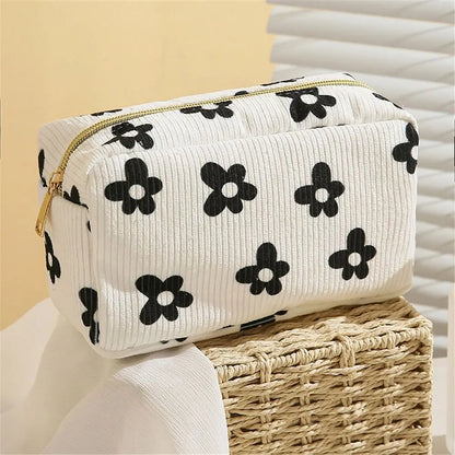 Trendy Large Capacity Corduroy Makeup Bag Travel Printed Toiletry Organizer Bag Makeup Brush Skincare Storage Bag for Women