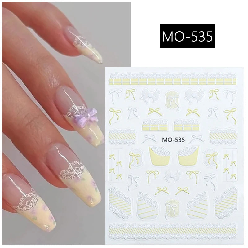 1pc Retro White Lace Bowknot Rose 5D Embossed Reliefs Heart Self Adhesive Nail Art Stickers Vintage Grid Pattern Manicure Decals