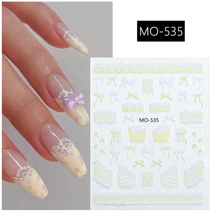 1pc Retro White Lace Bowknot Rose 5D Embossed Reliefs Heart Self Adhesive Nail Art Stickers Vintage Grid Pattern Manicure Decals