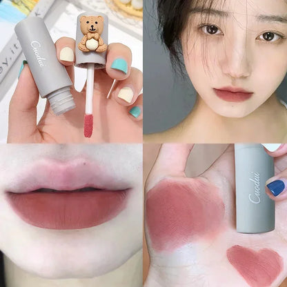 Girl's Velvet Matte Lipstick Blush Waterproof Long Lasting Cute Bear Lipgloss Non-Stick Cup Makeup Lip Tint Mud Cosmetic Makeup