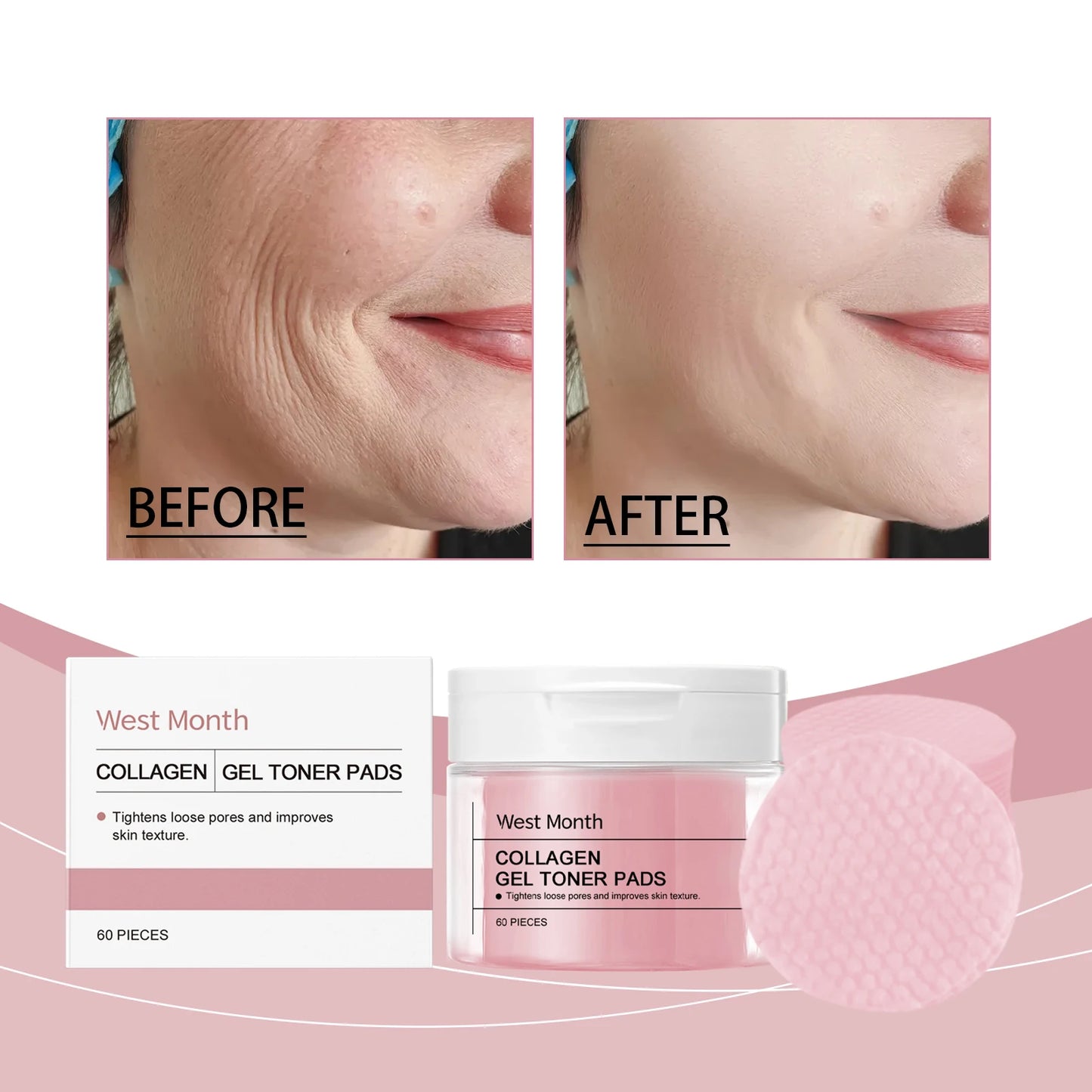 WEST MONTH Collagen Gel Toner Pads Provide Deep Moisturizing and Comfortable Feeling Enhance Skin Elasticity and Firming Effect