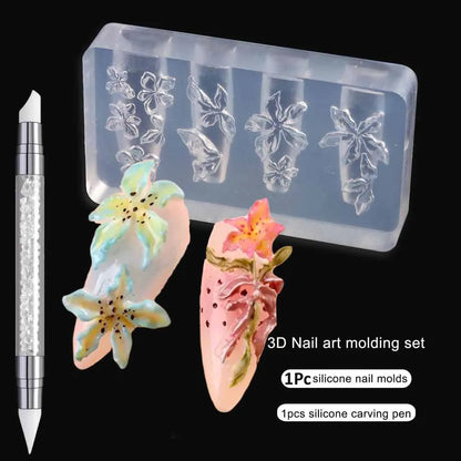 1pcs Dahlia Plumeria Flower Silicone Nail Mold With Carving Pen Spring Blossom Floral Manicure Template Nail Art Stencil Tools T