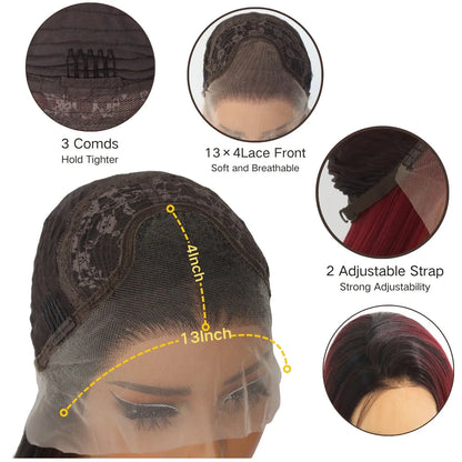Ombre Burgundy Lace Front Wig Long Straight Ombre Wine Red 13x4 Synthetic Lace Front Wigs for Women 24Inch