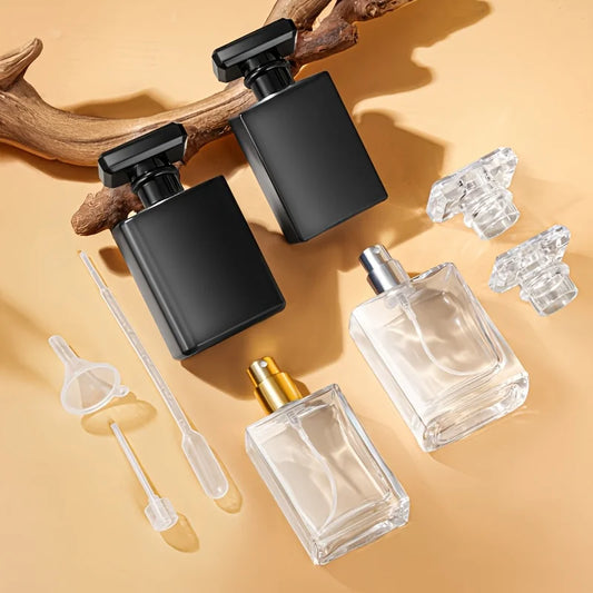 1PC Elegant Portable Glass Perfume Atomizer 1.01oz Square Flat Spray Bottle with Black Cap BPA Free Travel Friendly