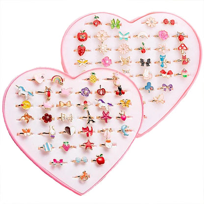 36PCS Children Adjustable Rings Girls Cute Pretend Play Makeup Toys Cartoon Jewelry Alloy Animal Enamel Ring Birthday Gift TMZ