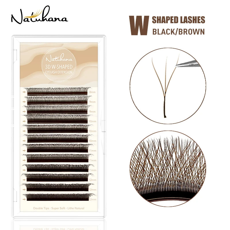NATUHANA 3DW Shape Individual Lashes Easy Fan W Style Black Eyelash Extensions Soft W-Shaped Brown Eyelashes for Makeup Tool