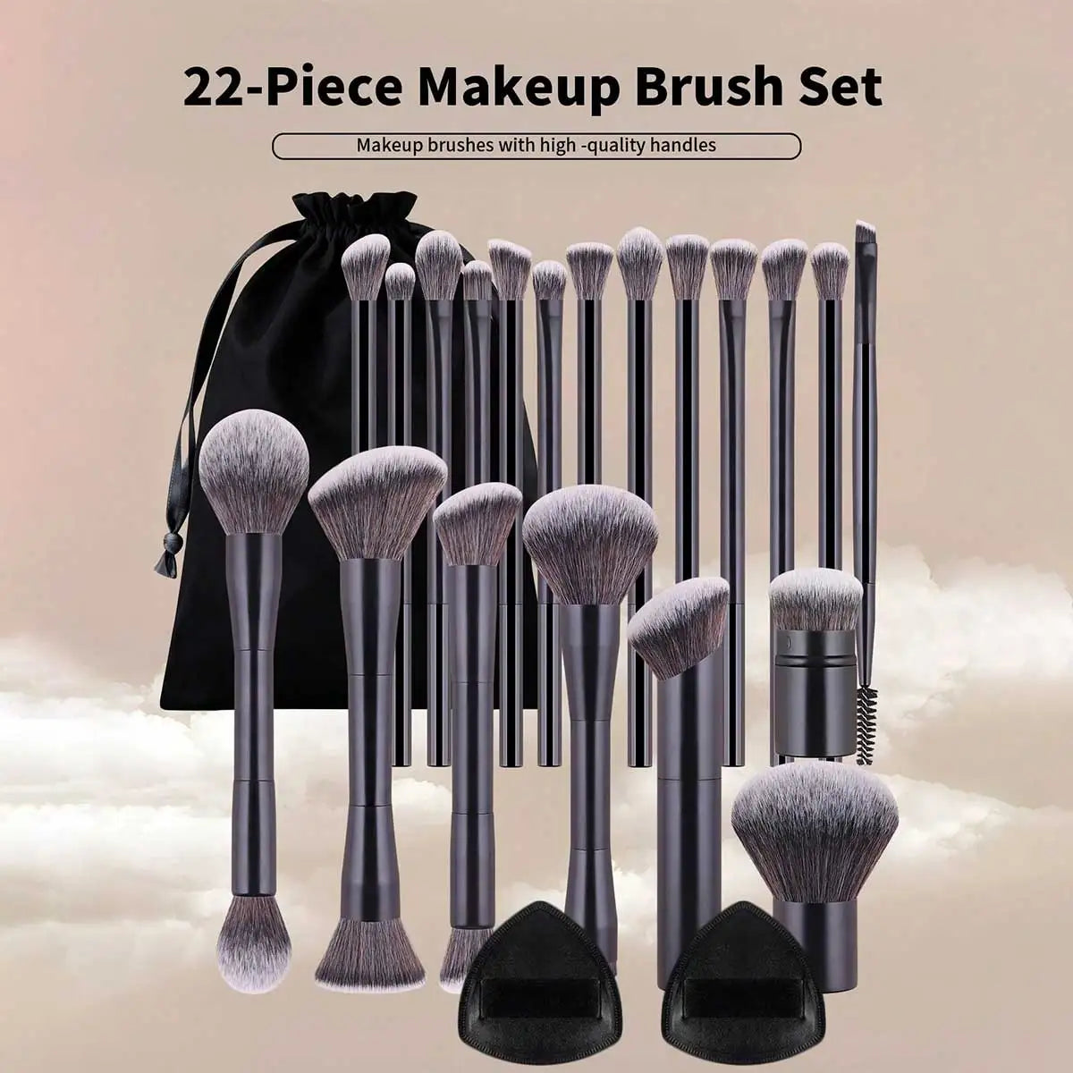 22pcs Makeup Brush Set Including 20pcs Professional Aluminum Tube Makeup Brushes, 2pcs Air Cushion Puffs For Daily Use