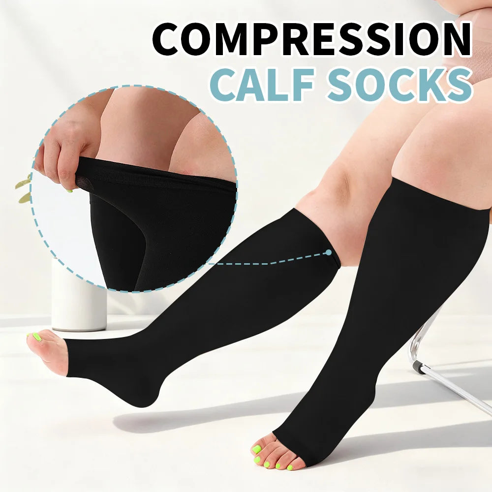 Legbeauty Plus Size Compression Socks Women Wide Calf Open Toe Graduated Medical Support Stockings Toeless Flight Pressure Socks