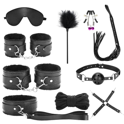 BDSM Bondage Restraint Kit 10 Pieces Drawstrings Collars Eye Masks Mouth Balls Whips Cotton Ropes Nipple Clamps Rope for Couple